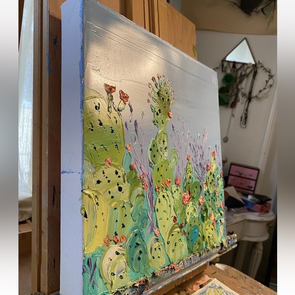 ORIGINAL Cactus Oil Painting Desert 12 X 12 Inches Contemporary Impasto - Picture 7 of 12